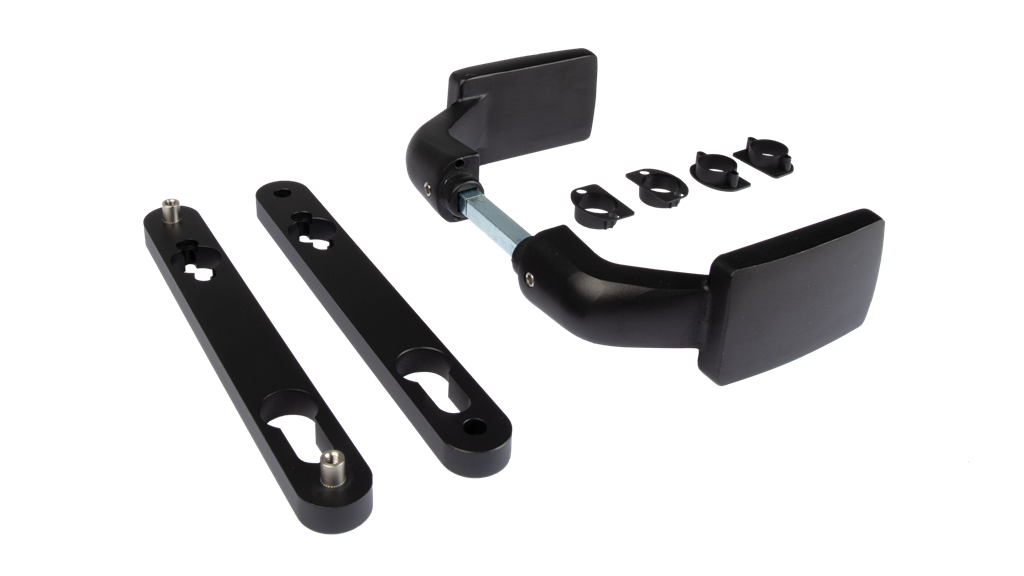 Aluminum anodized handle pair with free exit and blocking option