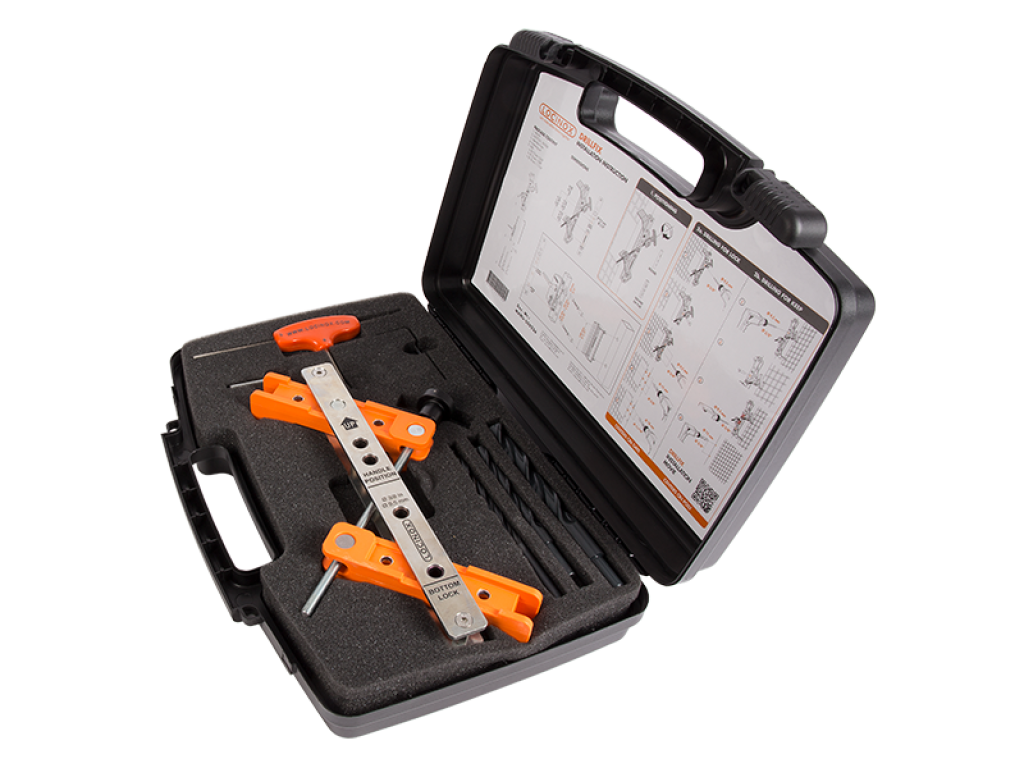 Tool case with drilling jig for surface mounted locks and corresponding keeps