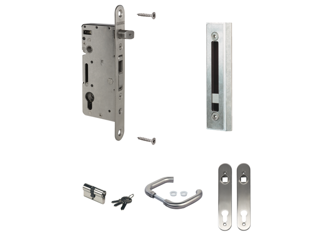 Complete, stainless steel insert lock set for wooden gates