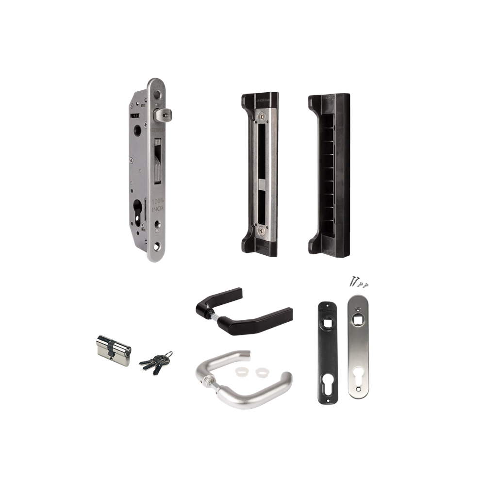 Complete insert lock set with keep for metal, vinyl or aluminum gates