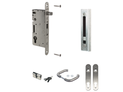 Complete, stainless steel insert lock set for wooden gates