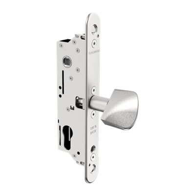 Industrial mortise lock (large Twistfinger) with 1-3/16" backset for sliding gates, compatible with the SSKZ keep